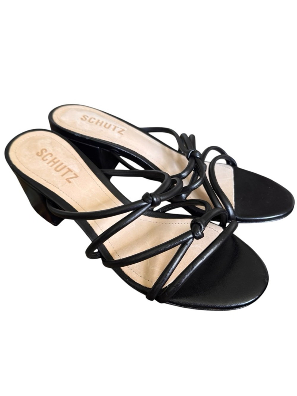 SCHUTZ Black Knotted Strappy Block Heel Sandals Genuine Leather 6.5 B NWOB